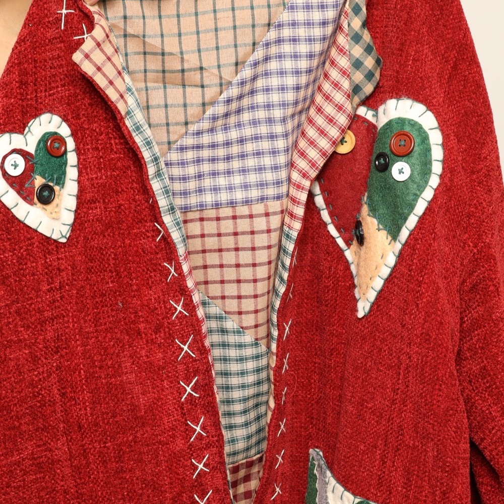 FOR BROOKE! VTGRed Patchwork Open Front Coat with Heart Accents and Deep Pockets - Picture 5 of 6